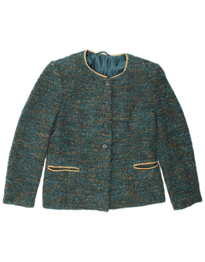 Jaqueta blazer feminina vintage com 4 botões Reino Unido 12 verde médio manchado