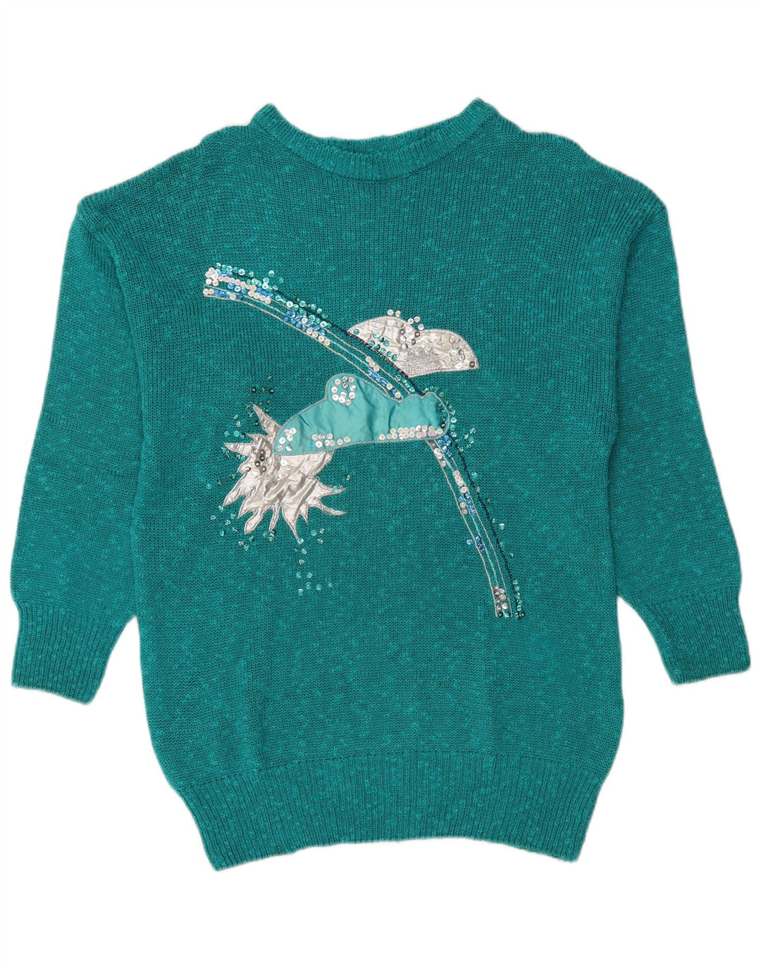 Suéter feminino VINTAGE com gola canoa EU 36 pequeno turquesa salpicado