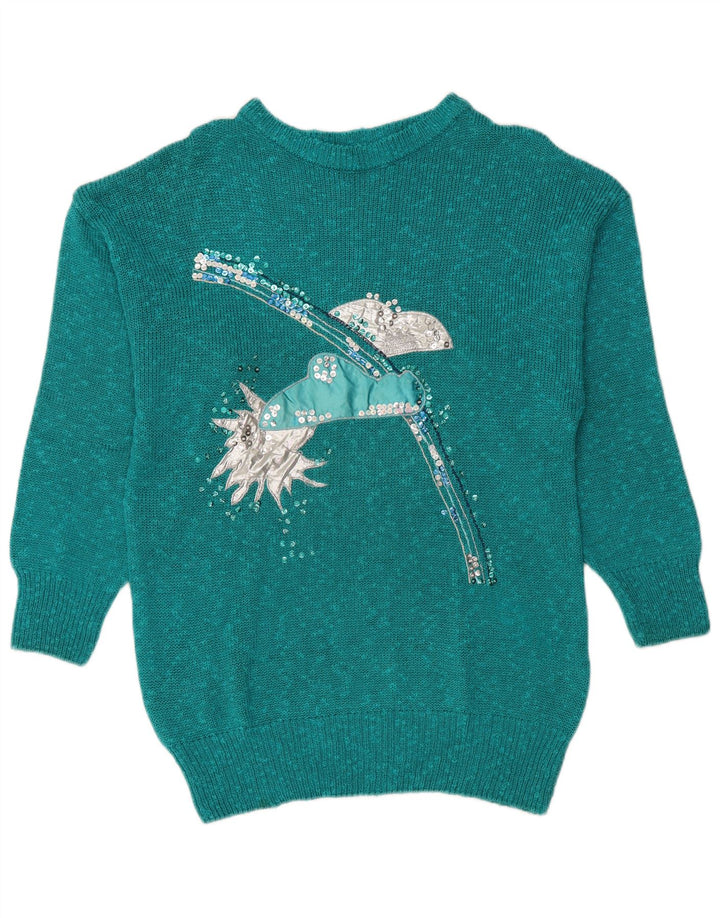 Suéter feminino VINTAGE com gola canoa EU 36 pequeno turquesa salpicado