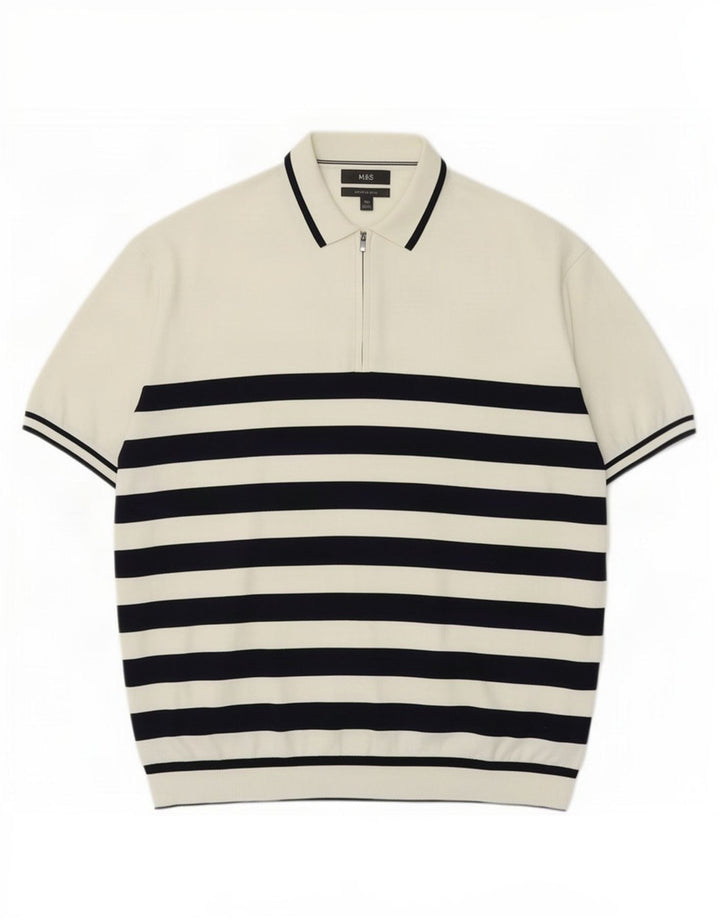Suéter masculino Marks & Spencer com gola polo 2XL listrado branco