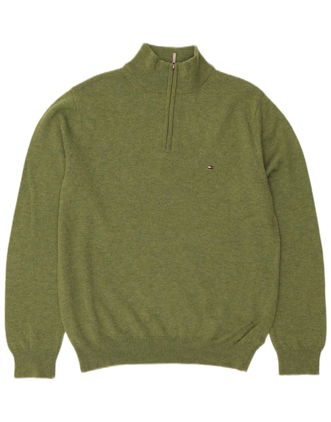 Suéter masculino Tommy Hilfiger com zíper e gola em lã de cordeiro verde médio
