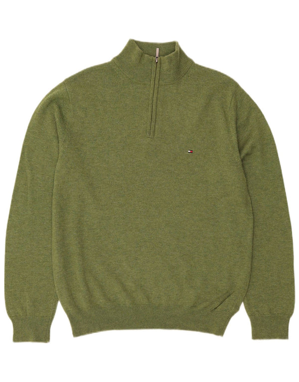 Suéter masculino Tommy Hilfiger com zíper e gola em lã de cordeiro verde médio