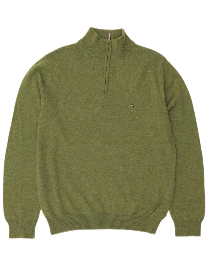 Suéter masculino Tommy Hilfiger com zíper e gola em lã de cordeiro verde médio