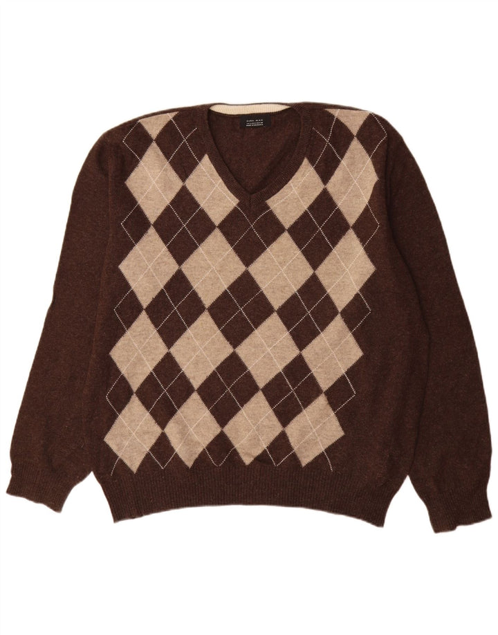 Suéter masculino Zara com decote em V grande marrom argyle/lã diamante