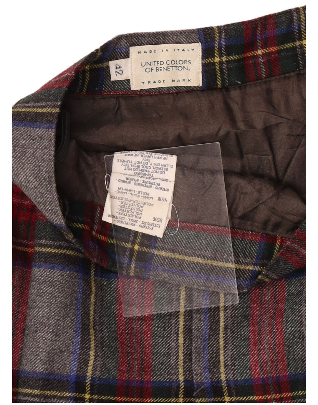 Mini saia feminina BENETTON IT 42 médio W26 poliéster xadrez cinza