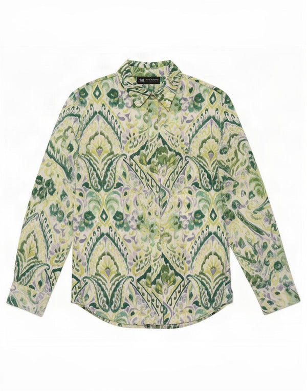 Zara Camisa Oversized Mulher UK 10 Poliéster Paisley Verde Pequeno