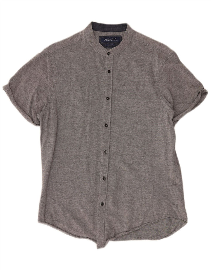Zara Camisa masculina de manga curta slim fit grande cinza