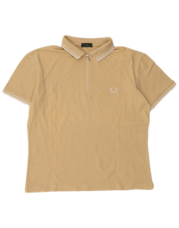 Camisa polo feminina Fred Perry UK 14 grande algodão listrado bege