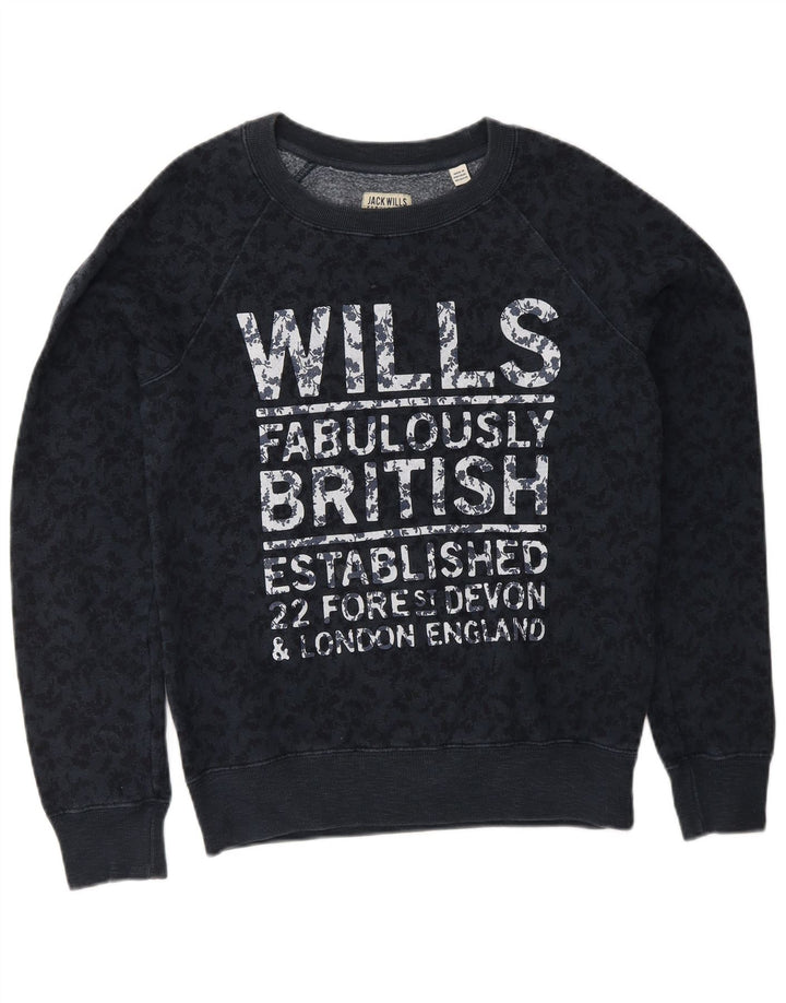 Suéter gráfico feminino JACK WILLS Reino Unido 8 pequeno azul marinho floral