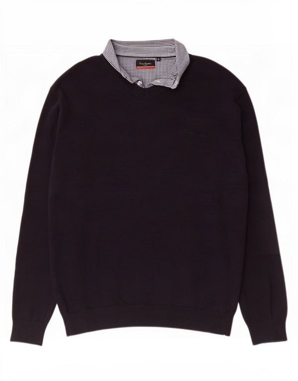Suéter masculino Pierre Cardin com decote em V XL azul marinho xadrez algodão