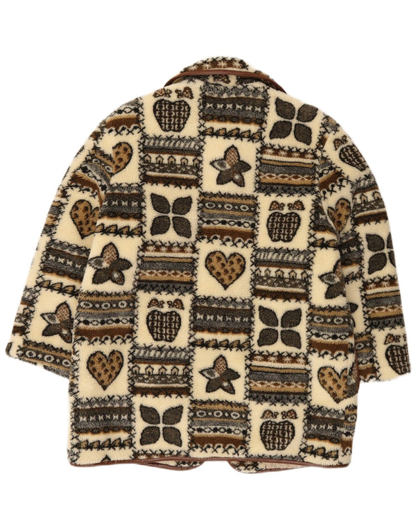 Vintage Womens Graphic Fleece Duffle Coat UK 14 Large Beige Patchwork