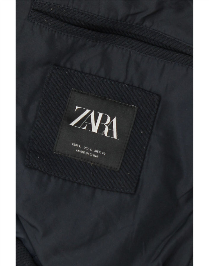 Casaco acolchoado com capuz masculino Zara UK 40 grande inverno azul marinho de poliéster