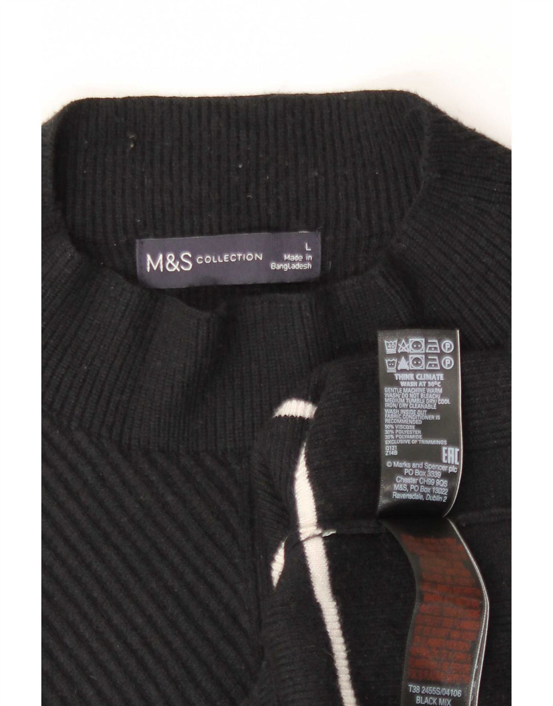 Suéter feminino Marks & Spencer com gola tartaruga Reino Unido 16 listrado preto grande