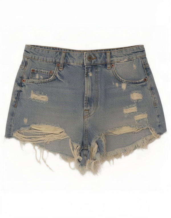 Zara Shorts jeans feminino desgastado UE 38 pequeno W28 algodão azul