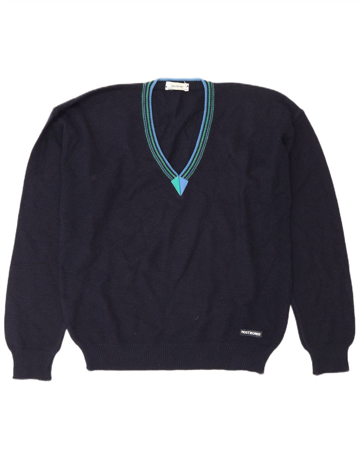 Suéter masculino vintage com decote em V IT 50 lã azul marinho médio