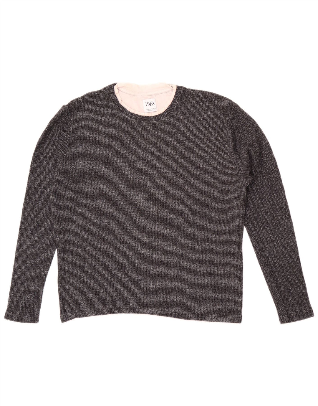 Suéter feminino Zara com gola redonda, Reino Unido 14, algodão cinza médio
