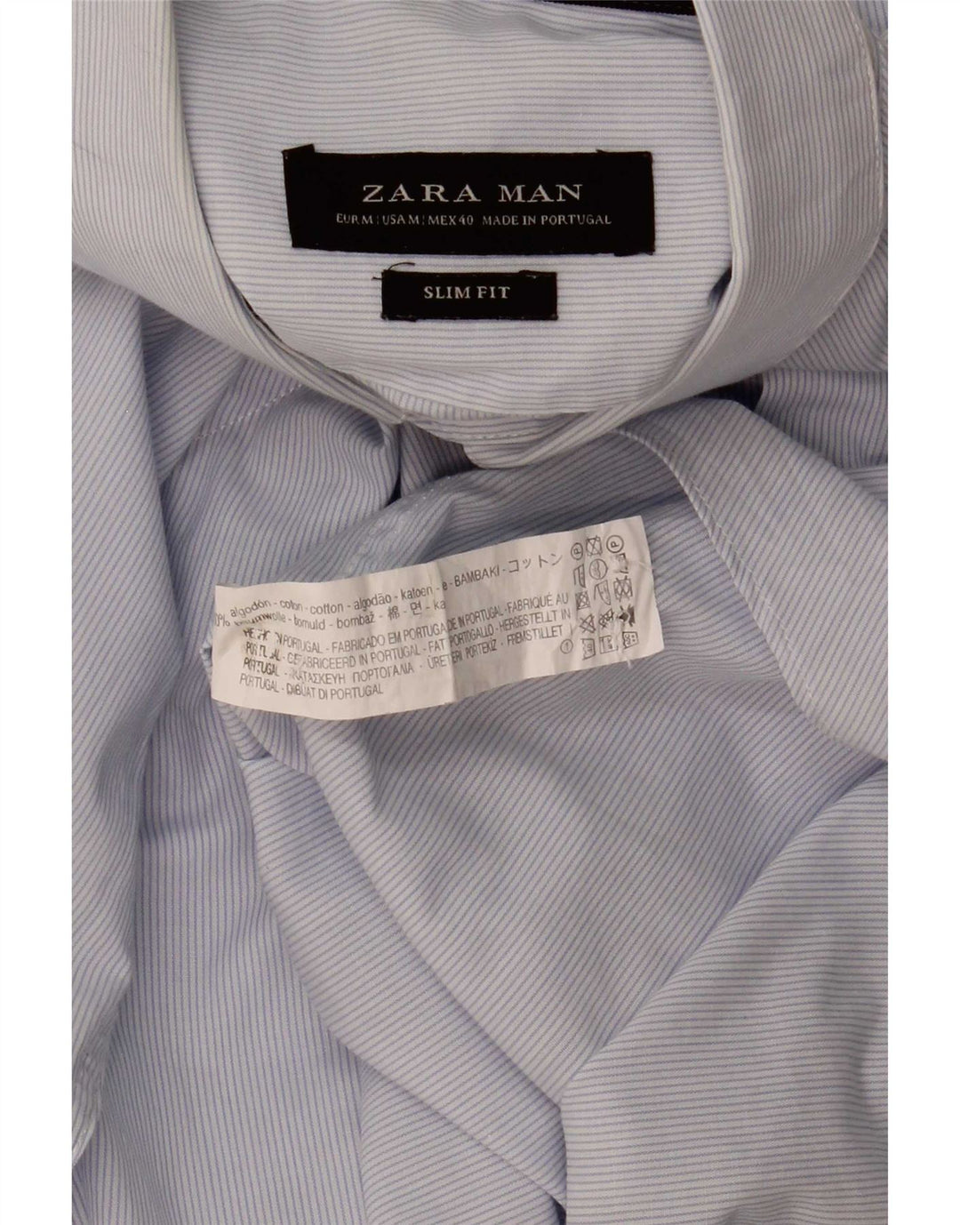 Zara Camisa masculina slim fit de algodão listrado azul médio