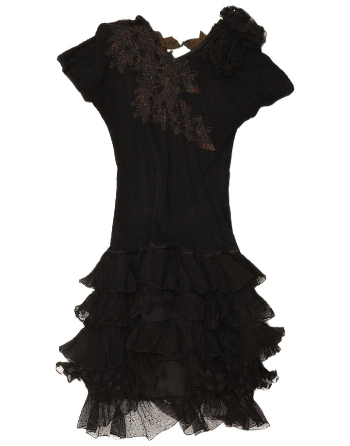 Vestido vintage feminino em camadas UK 12 médio preto floral