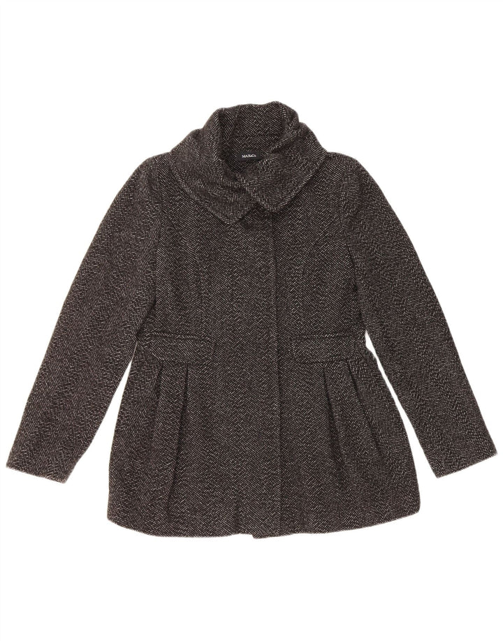 Casaco feminino Pea Coat UK 8 pequeno lã espinha de peixe preta