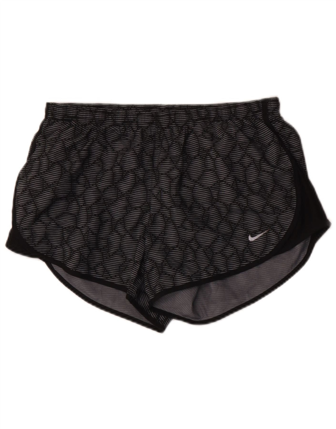 Shorts esportivos femininos Nike Dri Fit UK 10 poliéster geométrico cinza pequeno
