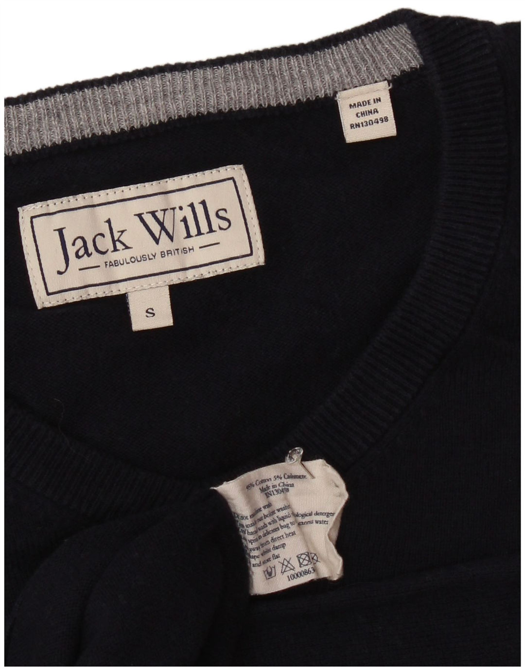 JACK WILLS Suéter masculino com decote em V pequeno algodão azul marinho