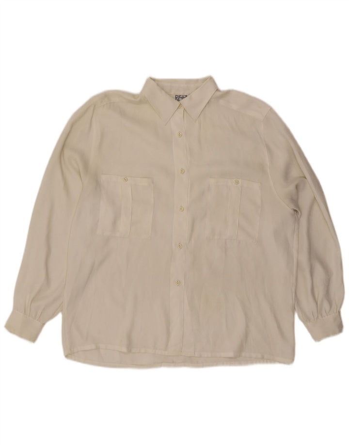 Camisa feminina vintage UK 14 poliéster branco médio