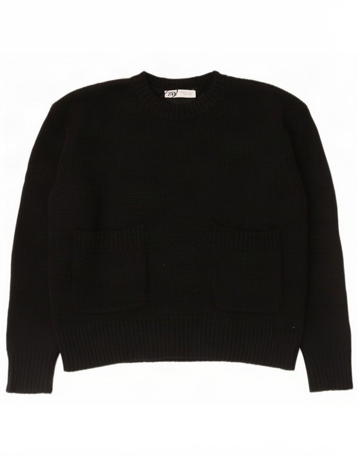 Suéter feminino Zara com gola redonda grande, Reino Unido 10, pequeno, preto, poliéster