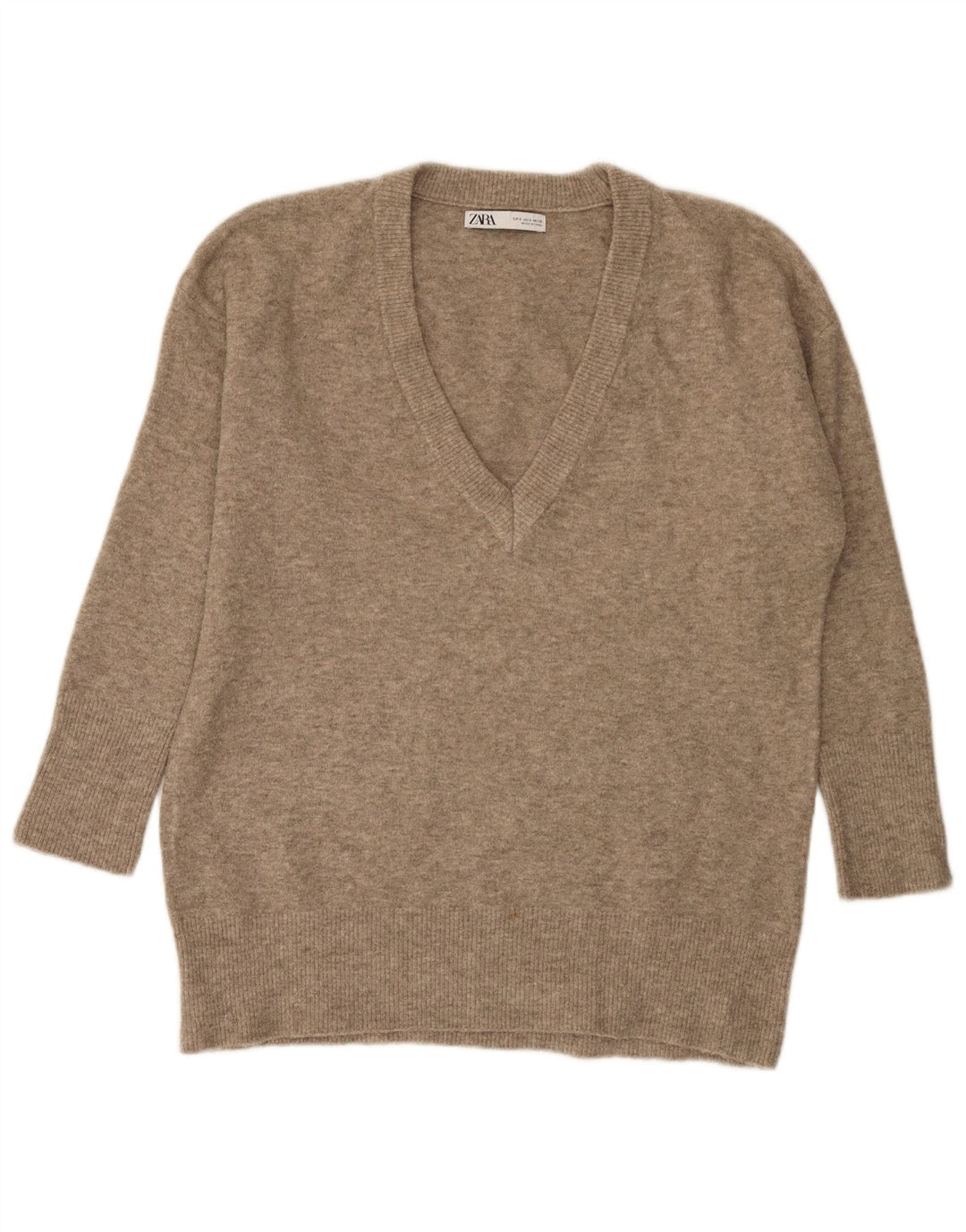 Zara Suéter feminino oversized com decote em V Reino Unido 10 pequeno bege manchado