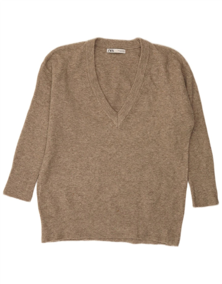 Zara Suéter feminino oversized com decote em V Reino Unido 10 pequeno bege manchado