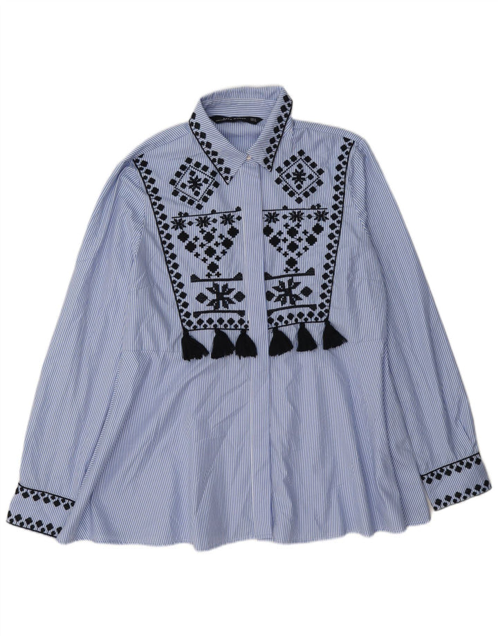 Blusa camisa feminina Zara UK 14 poliéster risca de giz azul médio