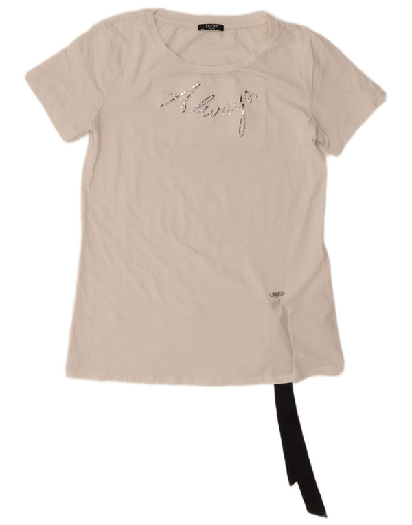 Camiseta feminina Liu Jo com estampa gráfica UK 10 algodão branco pequeno