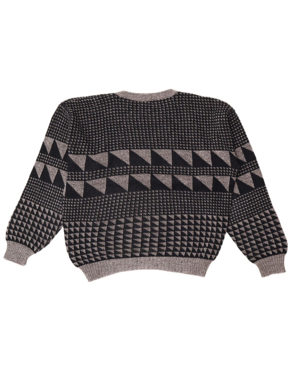 Suéter vintage masculino com gola redonda grande cinza geométrico