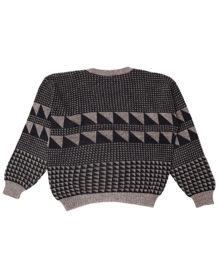 Suéter vintage masculino com gola redonda grande cinza geométrico