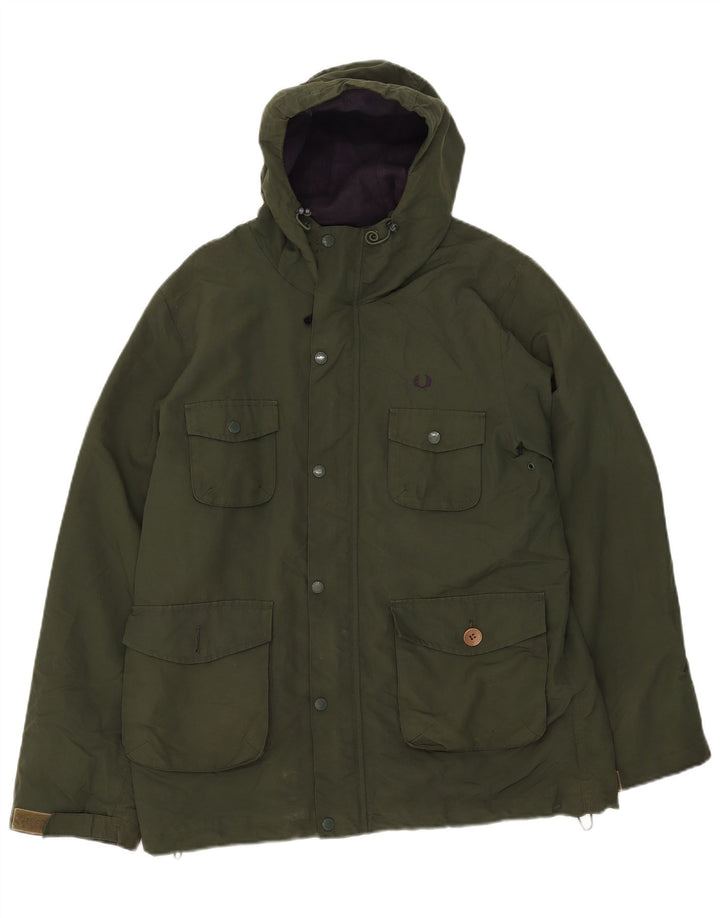 Jaqueta corta-vento masculina Fred Perry com capuz Reino Unido 38 nylon verde médio