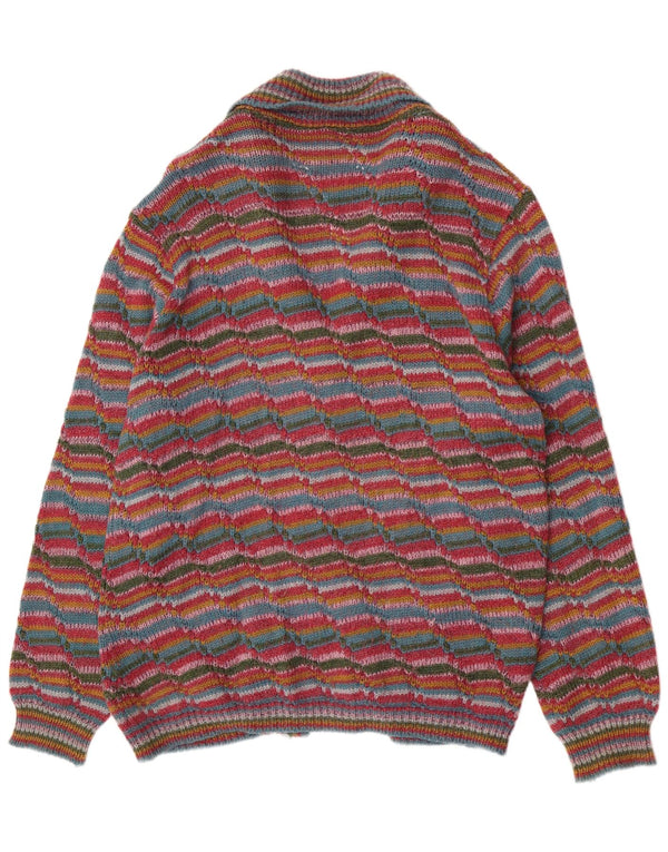 Suéter cardigã masculino vintage grande lã listrada multicolorida