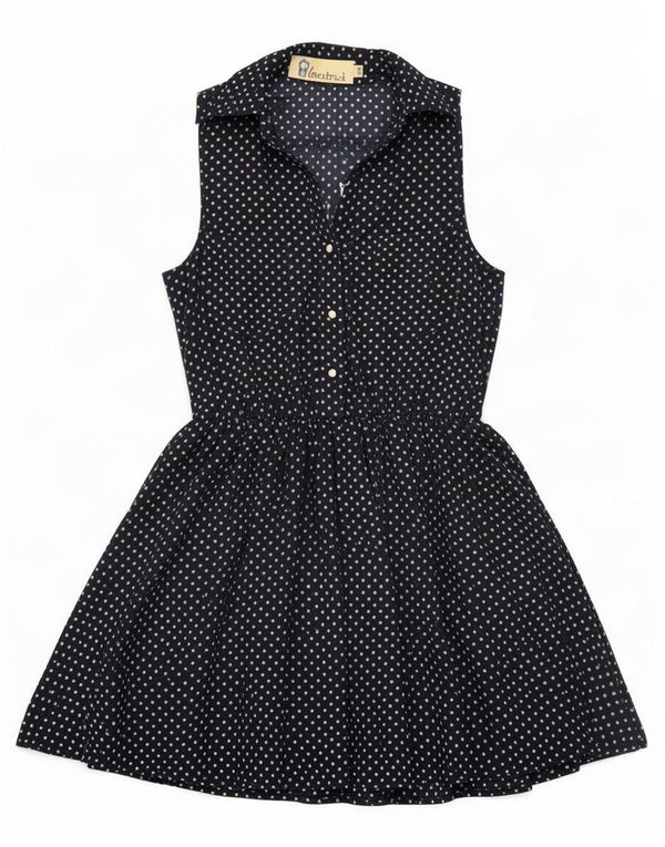 Vestido feminino vintage sem mangas evasê UK 10 pequeno azul marinho manchado