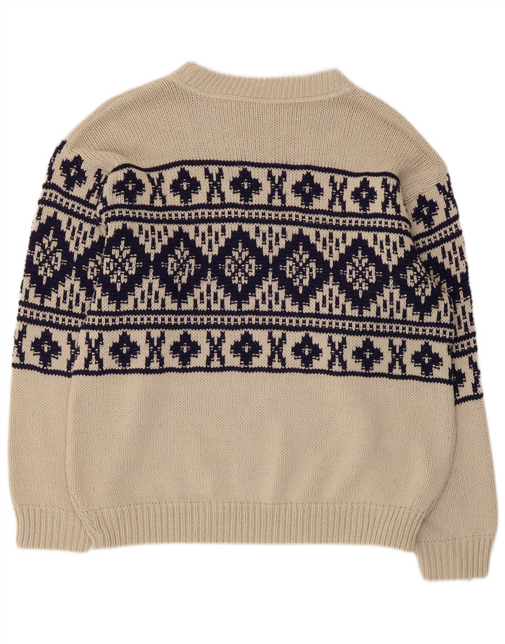Suéter masculino vintage com gola canoa médio bege Fair Isle