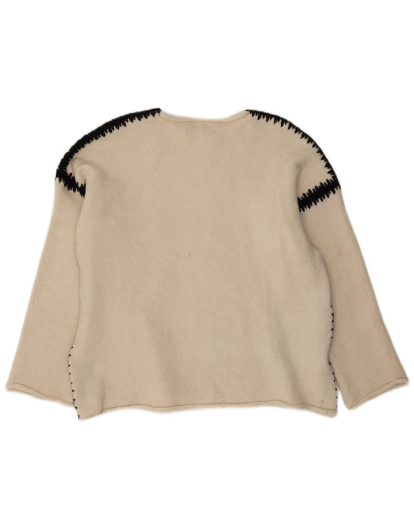 Suéter feminino Zara com gola canoa UK 14 bloco colorido branco médio