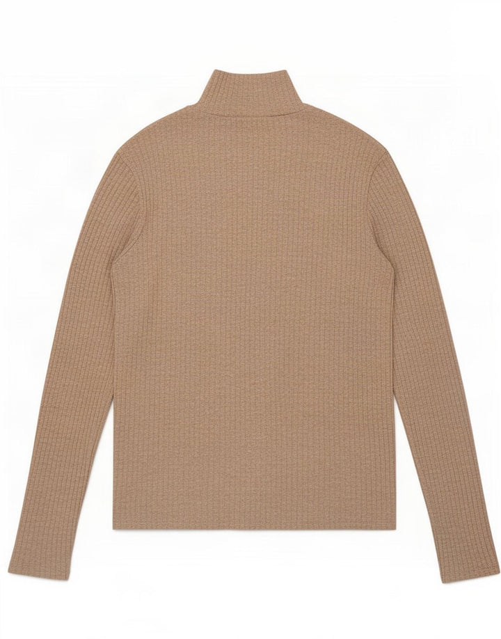 Zara Top feminino com gola redonda e manga comprida Reino Unido 14 grande poliéster bege