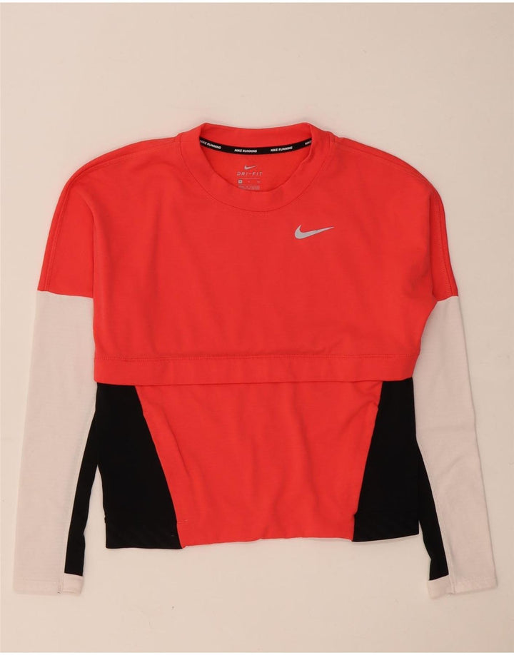 Nike Womens Dri Fit Oversized Top Manga Longa Reino Unido 10 Pequeno Colorblock Vermelho