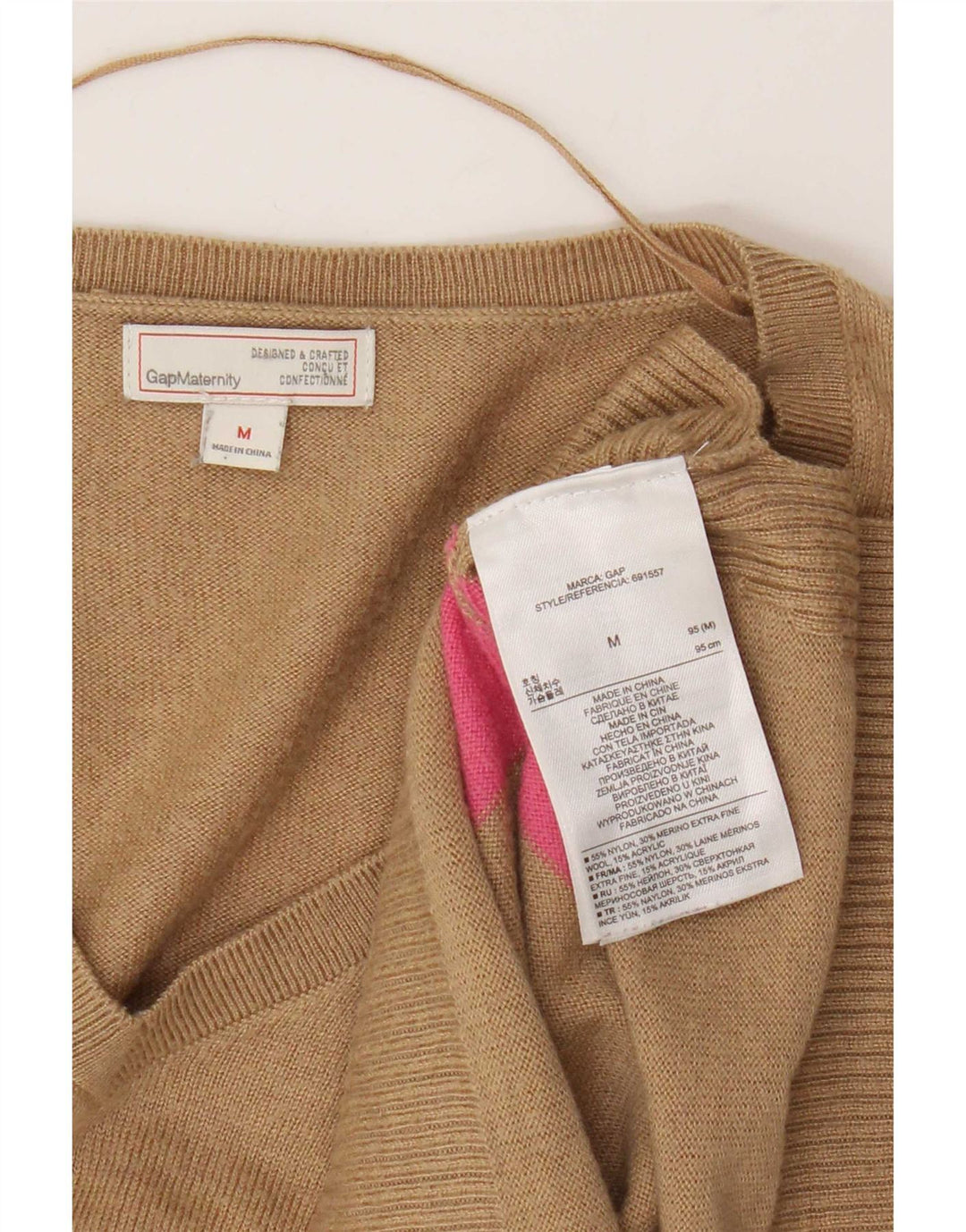 Suéter feminino Gap com decote em V UK 12 nylon listrado marrom médio