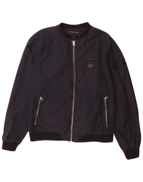 Jaqueta bomber masculina Zara UK 42 XL azul marinho algodão colorblock