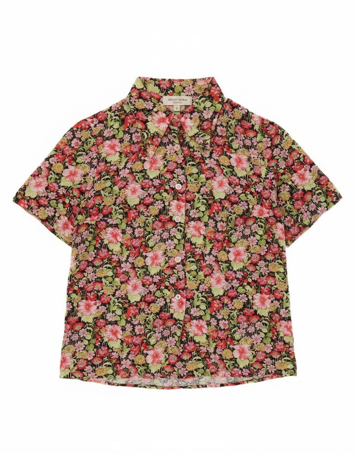 Camisa feminina vintage de manga curta UK 12 média floral multicolorida