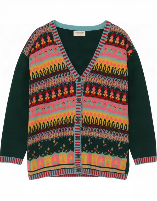Suéter cardigã feminino oversized Benetton UK 10 Small Green Fair Isle Wool