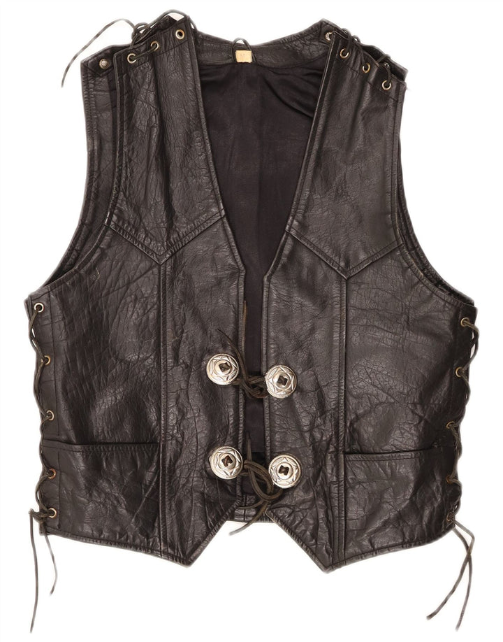 Colete de couro masculino vintage médio couro preto