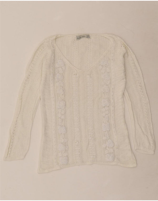 Suéter feminino Zara com decote em V UK 12 algodão floral branco médio