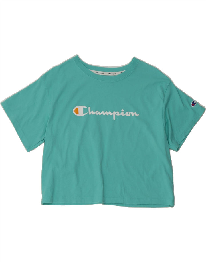 CHAMPION Womens Crop T-Shirt Top UK 14 Medium Turquoise Cotton Vintage Champion and Second-Hand Champion from Messina Hembry 