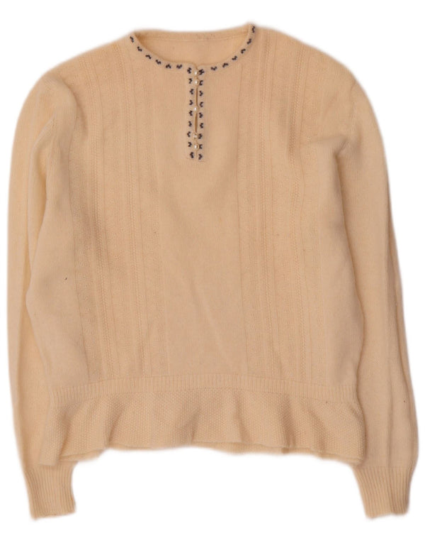 Suéter feminino vintage com gola redonda Reino Unido 16 grande lã bege
