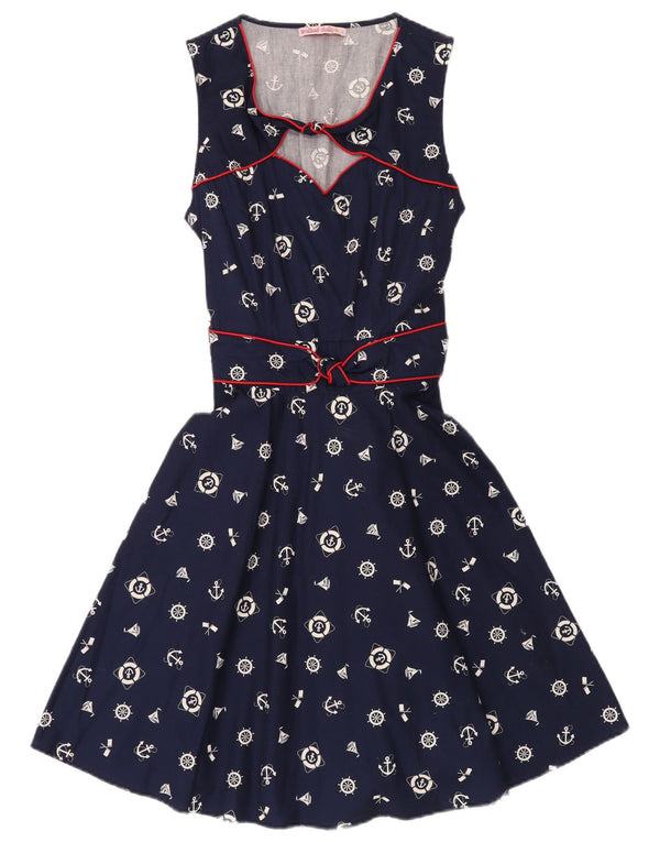 Vestido feminino Trollied Dolly com padrão abstrato evasê Reino Unido 14 grande azul marinho