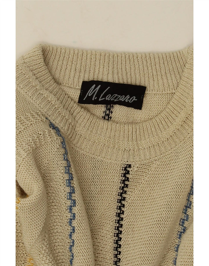 Suéter vintage masculino com gola redonda, grande listrado bege